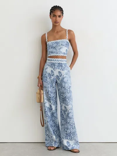 Reiss Blue Linen Wave-trim Wide-leg Trousers