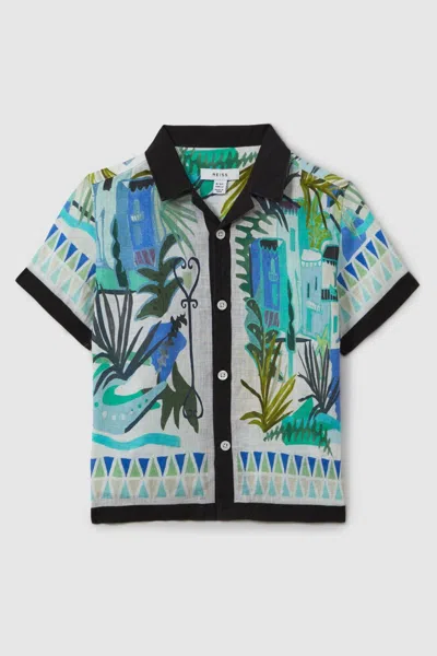Reiss Blue Multi Printed Cuban Collar Shirt