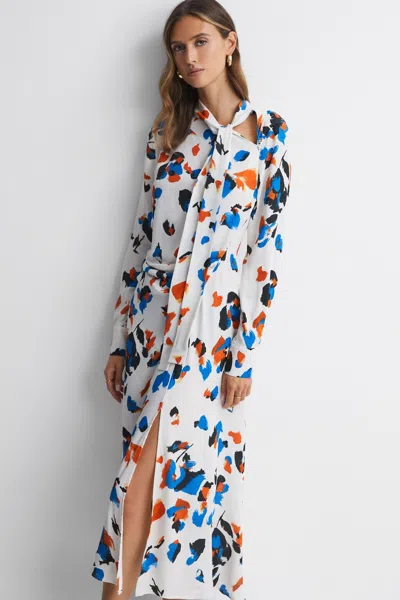 Reiss Blue Printed Tie Neck Midi Dress