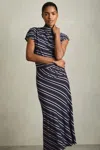 Reiss Blue Petite Stripe-print Draped Midi Dress In Blue