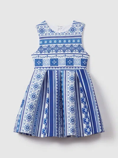 Reiss Blue Print Lena 9-13 Yrs Tile Print Scuba Fit-and-flare Dress