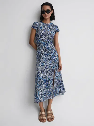 Reiss Blue Printed Cut Out Back Midi Dress