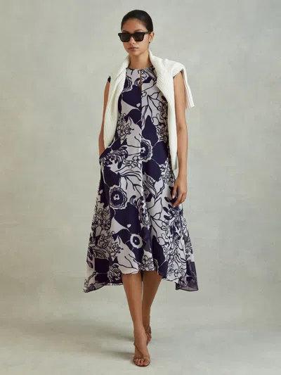 Reiss Blue Printed Open Back Midi Dress In Black