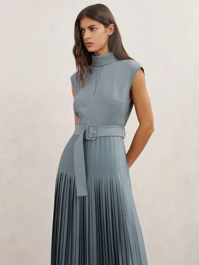 Reiss Blue Roll-neck Belted Pleated Midi Dress In Black
