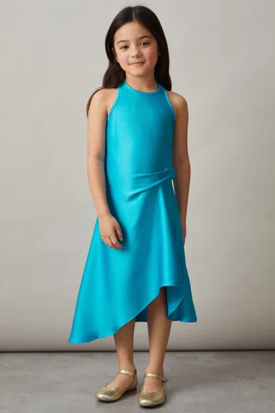Reiss Blue Satin Drape Tuck Midi Dress