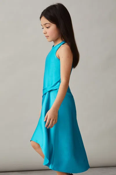 Reiss Blue Satin Drape Tuck Midi Dress