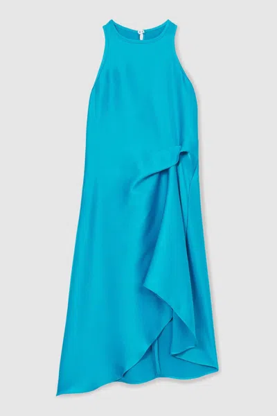Reiss Blue Satin Drape Tuck Midi Dress