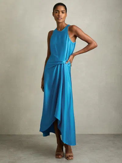 REISS REISS BLUE MICAH SATIN DRAPE TUCK MIDI DRESS