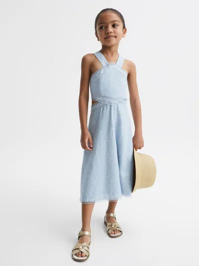 Reiss Blue Senior Cross Back Embroidered Dress