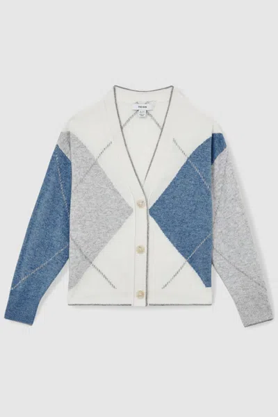 Reiss Blue Stanton 13-14 Yrs Argyle Cardigan With Wool And Cashmere
