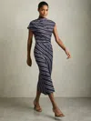 Reiss Blue Stripe-print Draped Midi Dress In Blue