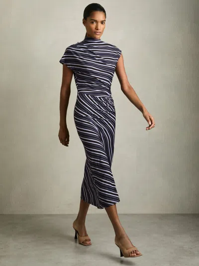 Reiss Blue Stripe-print Draped Midi Dress