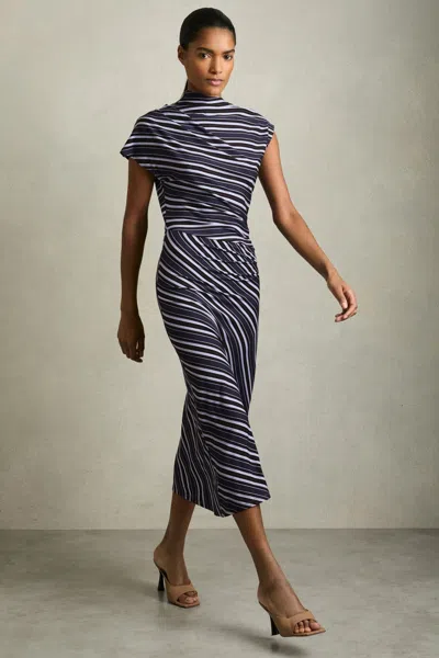 REISS REISS BLUE DILLON STRIPE-PRINT DRAPED MIDI DRESS
