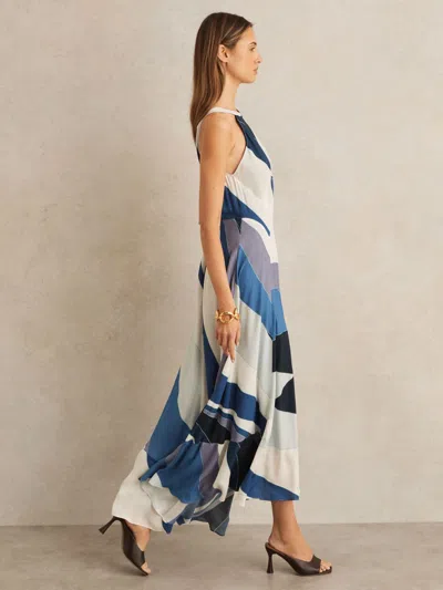 Reiss Blue Stripe Print V-back Midi Dress