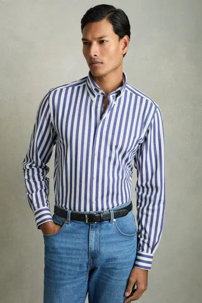 Reiss Blue Stripe Striped Jersey Button-down Shirt With Cotton