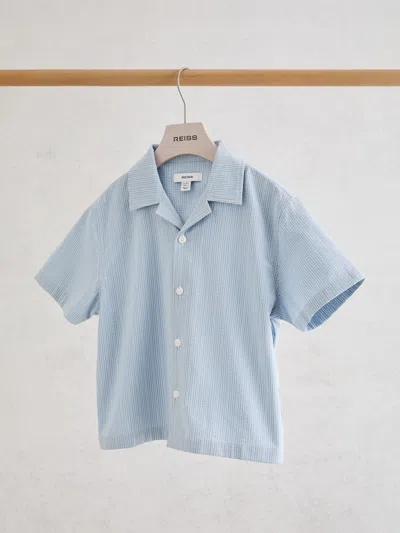 Reiss Kids' Blue Striped Cuban-collar Shirt