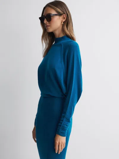 Reiss Blue Wool Blend Ruched Sleeve Midi Dress
