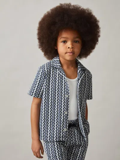 Reiss Blue Zig-zag Knit Cuban-collar Shirt