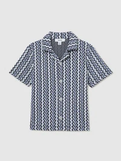 Reiss Blue Zig-zag Knit Cuban-collar Shirt