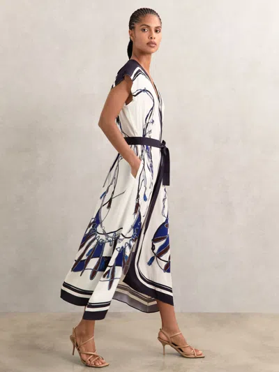 Reiss Blue/brown Scarf-print V-neck Belted Midi Dress In White