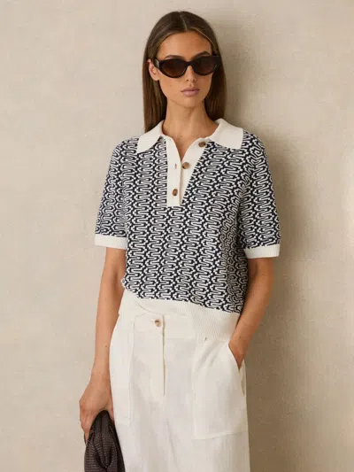 Reiss Blue/ivory Zig-zag Knit Polo Shirt In Multi