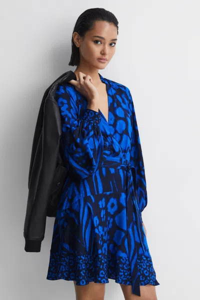 Reiss Blue/navy Kerri Printed Blouson Sleeve Dress