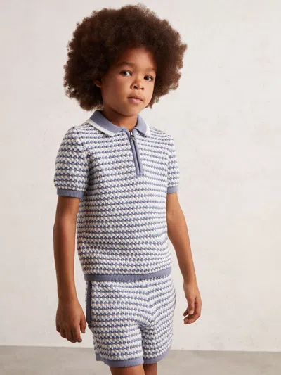 Reiss Blue/white Knitted Stripe Half Zip Polo Shirt In Multi