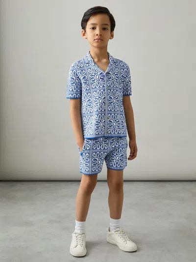 Reiss Blue/white Redhill 9-13 Yrs Tile Pattern Knit Shorts