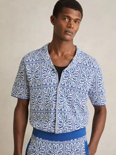 Reiss Blue/white River Tile Pattern Knit Shirt In Multi