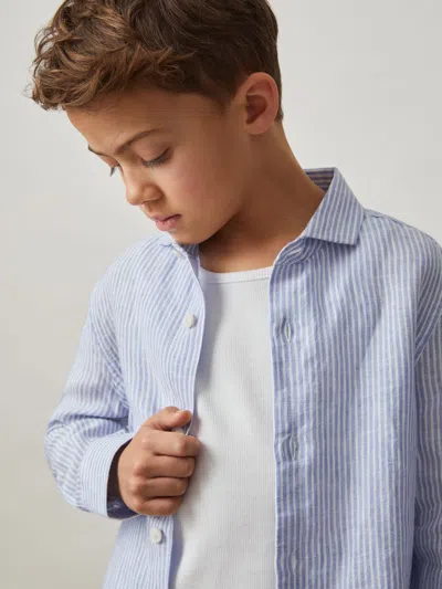 Reiss Blue/white Stripe 100% Linen Long Sleeve Shirt In Multi