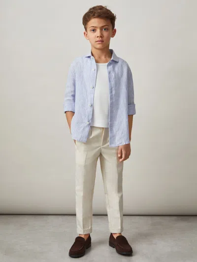 REISS BLUE/WHITE STRIPE 100% LINEN LONG SLEEVE SHIRT