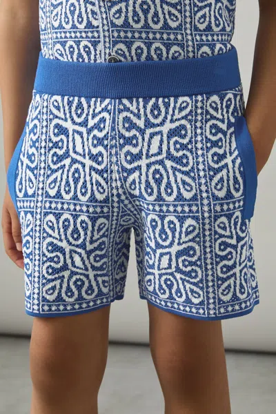 Reiss Blue/white Redhill 3-9 Yrs Tile Pattern Knit Shorts