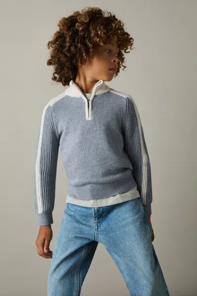 Reiss Blue/white 3-9 Yrs Zipped Funnel-neck Jumper With Wool And Cotton