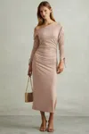 Reiss Blush Cyra Off-the-shoulder Ruched Jersey Midi Dress