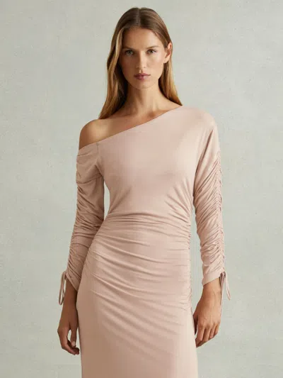 Reiss Blush Petite One-shoulder Ruched-jersey Midi Dress