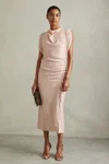 REISS PALE PINK RUCHED COWL NECK MIDI DRESS