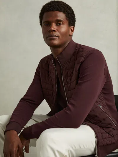 Reiss Bordeaux Hybrid Quilt And Knit Zip-through Jacket In Burgundy