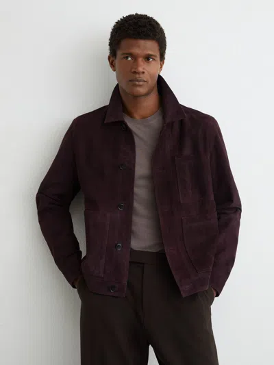 Reiss Bordeaux Wilstead Suede Button-through Trucker Jacket In Burgundy