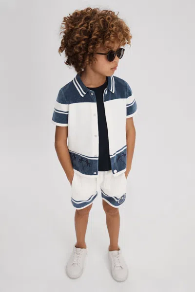 Reiss Bowler - Optic White/airforce Blue Junior Velour Embroidered Striped Shirt, Age 8-9 Years