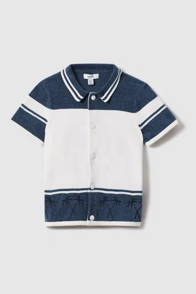 Reiss Kids' Bowler - Optic White/airforce Blue Velour Embroidered Striped Shirt, Uk 13-14 Yrs