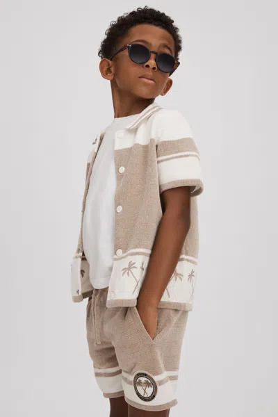 Reiss Bowler - Taupe/optic White Junior Velour Embroidered Striped Shirt, Age 6-7 Years