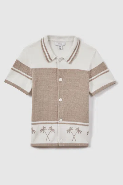 Reiss Bowler - Taupe/optic White Velour Embroidered Striped Shirt, Uk 13-14 Yrs