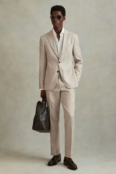Reiss Oatmeal Slim Fit Linen Blend Check Trousers