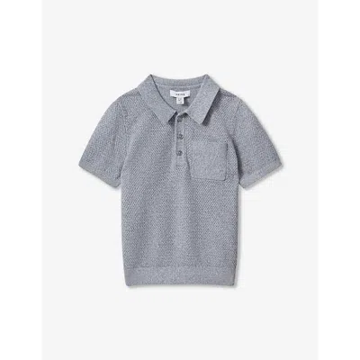 Reiss Boys Blue Melange Kids Demetri Half-button Short-sleeve Cotton Polo 3-13 Years