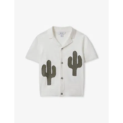 Reiss Kids' Takla Cactus-embroidered Short-sleeve Woven Shirt 3-14 Years In Ecru/green