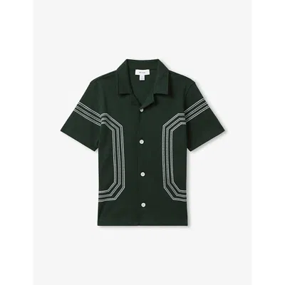 Reiss Boys Green Kids Arlington Stripe-embroidered Short-sleeve Cotton Shirt 3-9 Years In Green