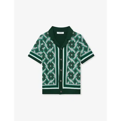 Reiss Boys Green Multi Kids Hyde Geometric-print Short-sleeve Knitted Shirt 3-13 Years