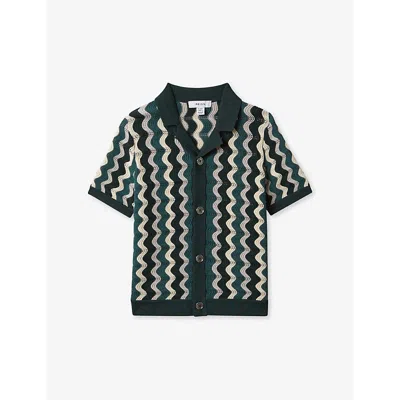 Reiss Green Multi Waves Junior Knitted Cuban Collar Shirt In Green Multi