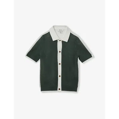Reiss Kids' Misto Open-stitch Short-sleeve Cotton Shirt 3-14 Years In Green/optic Whi