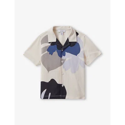 Reiss Kids' Graphic-print Spread-collar Cotton Shirt 3-13 Years In Grey/blue Multi